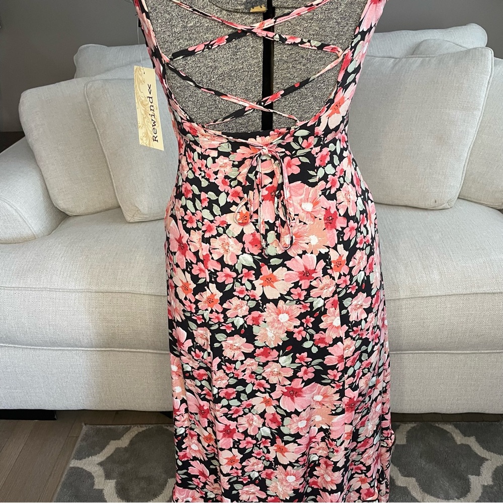 XS pink red black green floral print midi high low dress - Picture 10 of 11